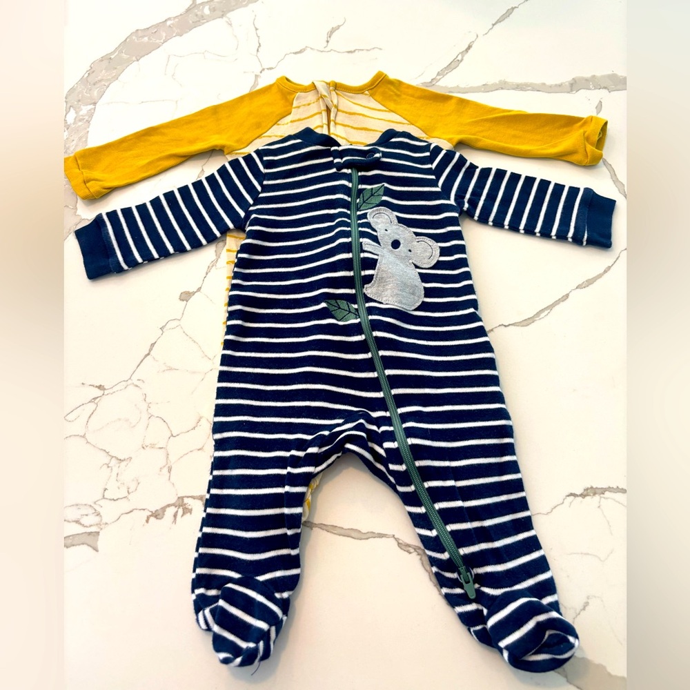 Boys footie pajamas size 0-3m koala and stripes